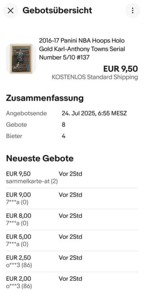 ebay Shill Bidding Bespiel mit Smartphone Screen einer abgeschlossenen Auktion